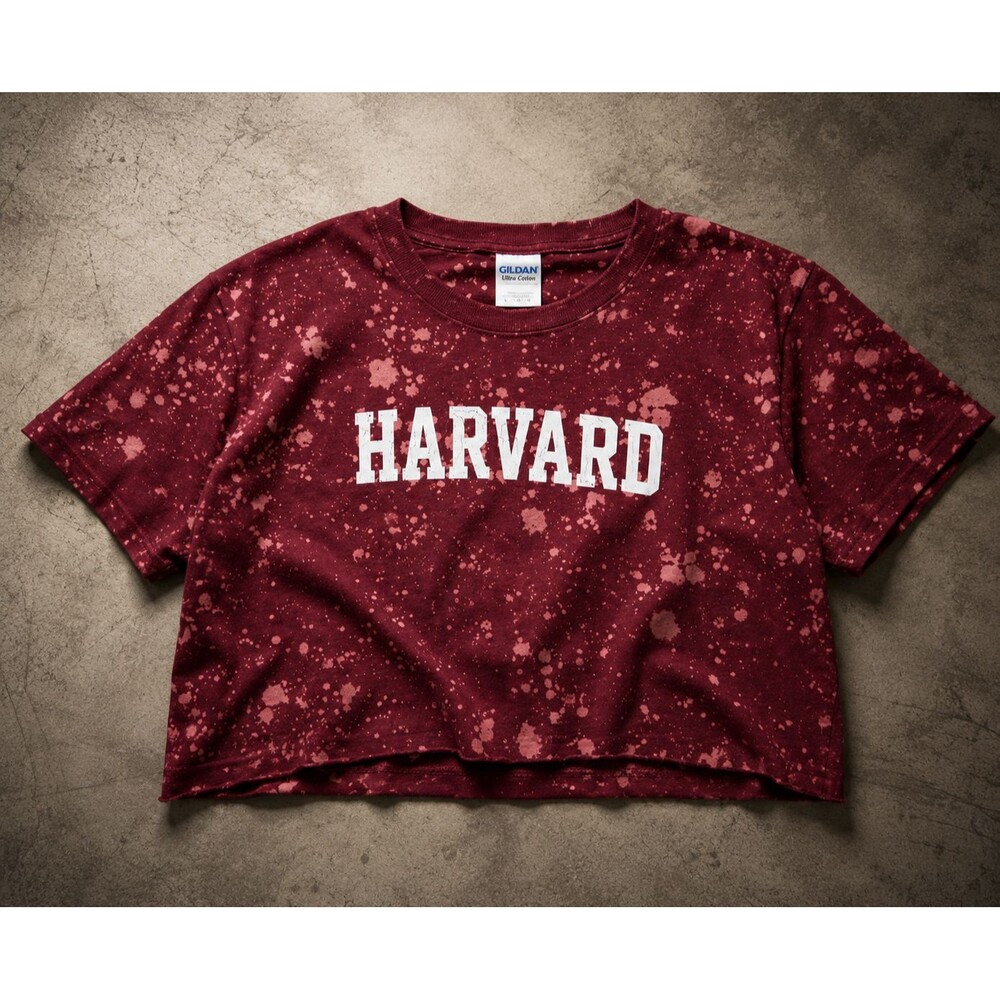 Harvard Crop Top Burgundy Bleach Splatter Collegiate Grunge T Shirt Womens Large